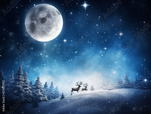 Magical starry night sky with Santa's sleigh and reindeer flying across the moon © Noah