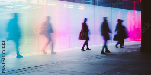 Crowd of anonymous people walking on busy city street in neon colour. Defocused. Blurred. Generative AI.