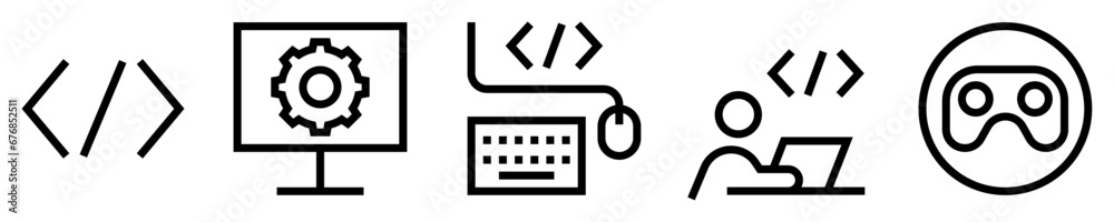 Conjunto de iconos de desarrollo de software. Informática y computación. Código de programación, monitor, herramientas de desarrollo, desarrollador profesional, aplicación. Ilustración vectorial Conjunto de iconos de desarrollo de software. Informática y computación. Código de programación, monitor, herramientas de desarrollo, desarrollador profesional, aplicación. Ilustración vectorial