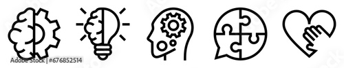Conjunto de iconos de psicología. Salud mental y pensamiento. Cerebro, engranaje, bombilla, burbuja de rompecabezas, mano en el corazón. Ilustración vectorial