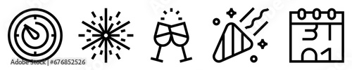 Conjunto de iconos de año nuevo. Celebración de bienvenida. Reloj de cuenta regresiva, fuegos artificiales, brindis, confeti, calendario