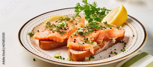 Breakfast menu of Sandwiches with salted salmon on white plate. AI generated image