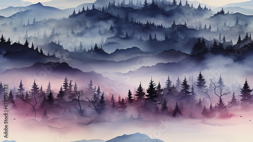 Misty mountains and snowy forests, scenic and dreamy Christmas landscape.