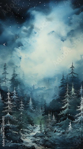 Frozen blue winter landscape. Beautiful scene with snowy forests and misty clouds.
