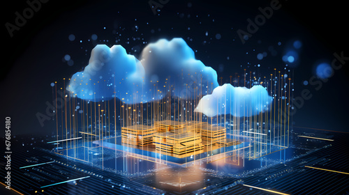 Digital informational technology web futuristic hologram with cloud icon, blue golden light digits and code background, cloud computing, abstract motion of digital data flow © Manuel