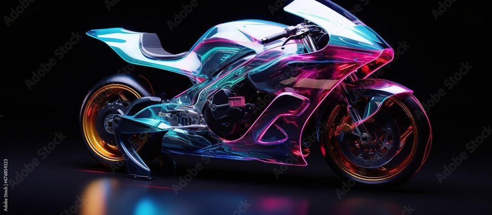 Futuristic motorbike on a vibrant color on dark background. AI generated image