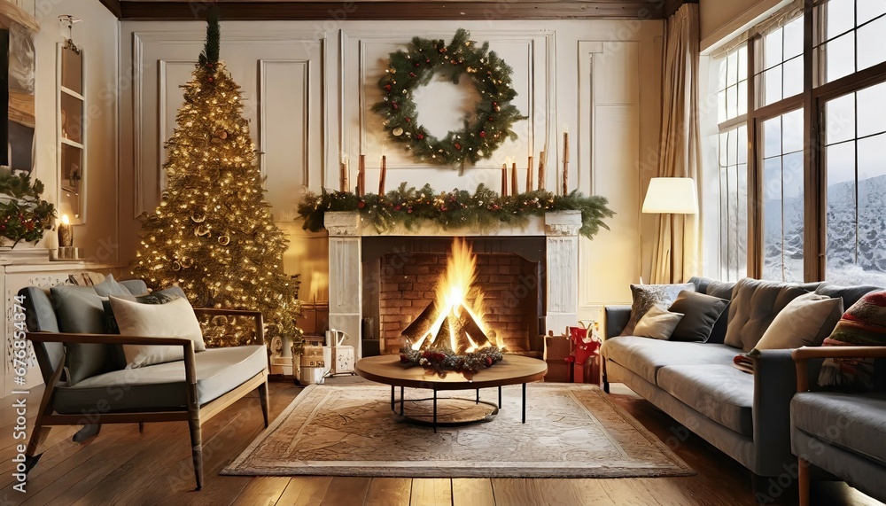 christmas landscape, interior, house, fireplace, home, family, happiness, pine trees, snow, christmas tree, gifts