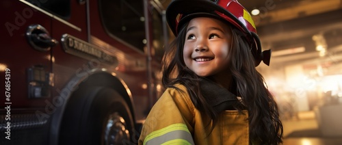 Portrait of smiling asian little girl wearing firefighter uniform standing in fire truck. photo
