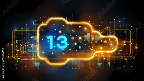 Digital informational technology web futuristic hologram with cloud icon  blue golden light digits and code background  cloud computing  abstract motion of digital data flow