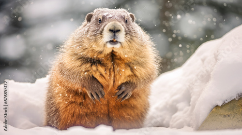 A cute, fluffy marmot crawled out of its hole among the white snow on a sunny day.
