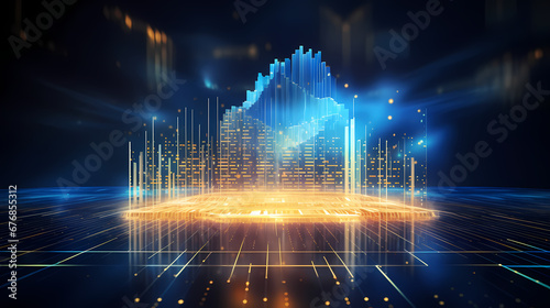 Digital informational technology web futuristic hologram with cloud icon, blue golden light digits and code background, cloud computing, abstract motion of digital data flow