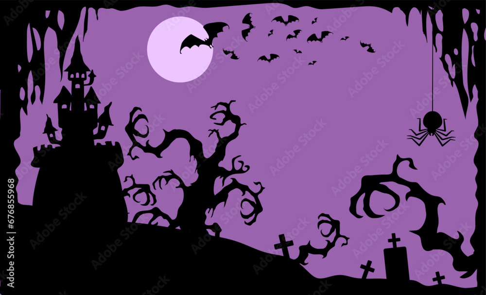 Happy Halloween banner. Bats, spider with cobwebs, Halloween full moon.