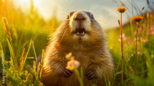 A cute fluffy marmot crawled out of its hole among meadow grasses and flowers on a sunny spring day.