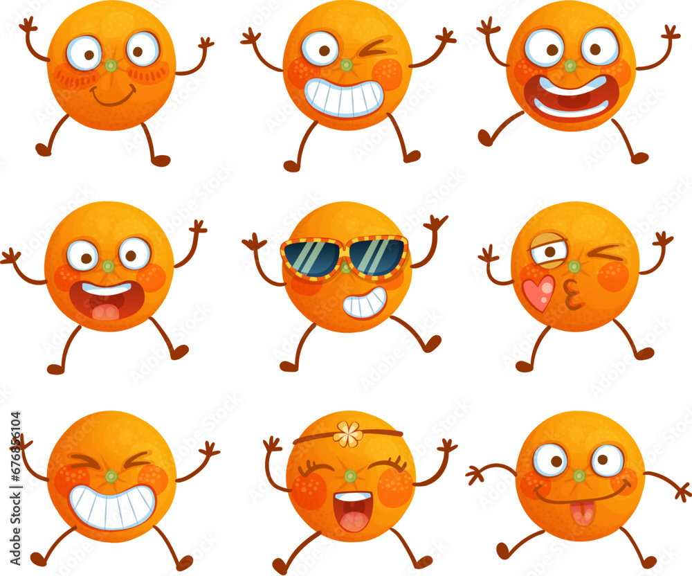 Set of 9 super happy orange fruit characters isolated on white background, funny orange emoji vector icons collection, cuite smiling food mascots cartoon illustration. Fresh mandarins vitamins C Set of 9 super happy orange fruit characters isolated on white background, funny orange emoji vector icons collection, cuite smiling food mascots cartoon illustration. Fresh mandarins vitamins C