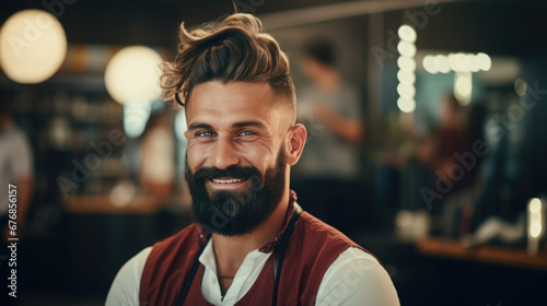 Stylish, bearded man with a neat haircut posing with an intense gaze and a serious expression in a modern barbershop setting. photo