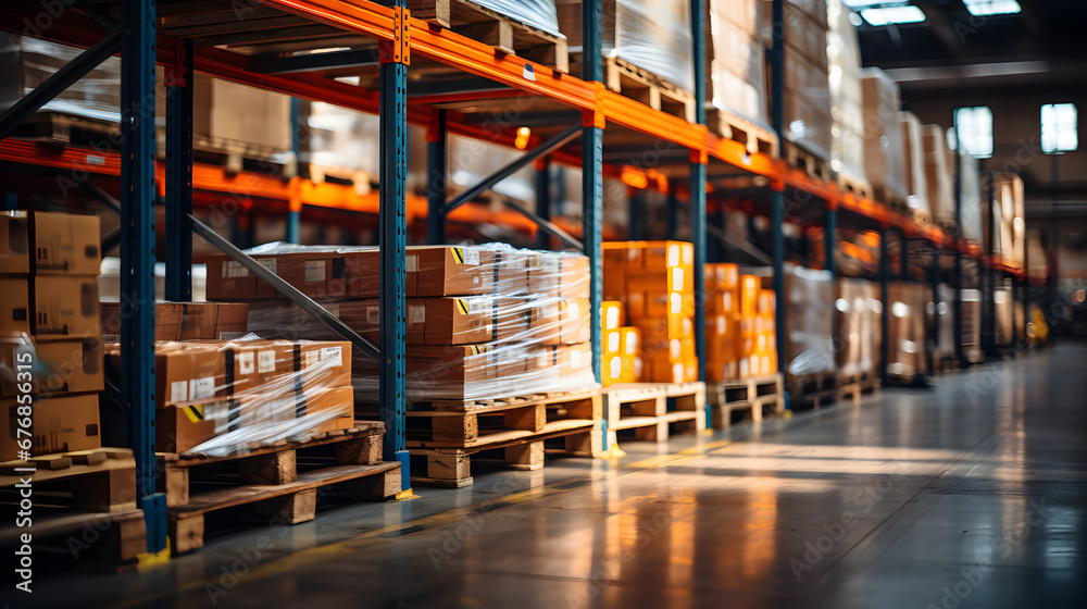 Logistics and transportation background. Product distribution center. Interior of a warehouse with shelves full of boxes. Retail Warehouse or storehouse with goods on pallets and racks. 