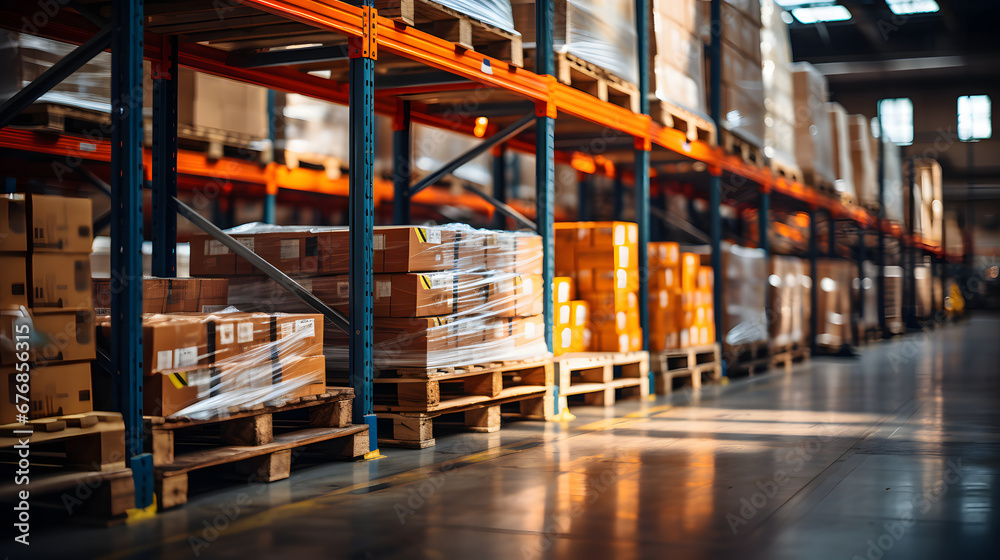 Fototapeta premium Logistics and transportation background. Product distribution center. Interior of a warehouse with shelves full of boxes. Retail Warehouse or storehouse with goods on pallets and racks. 