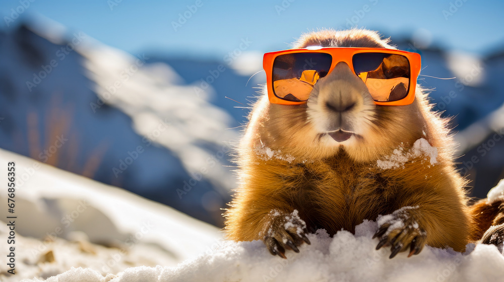 A cute, fluffy marmot crawled out of his hole wearing sunglasses among the white snow on a sunny day. - obrazy, fototapety, plakaty 