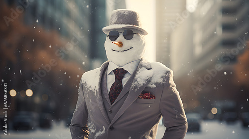 Smiling Snowman with sunglasses dressed in business suit with tie standing on snowy street.