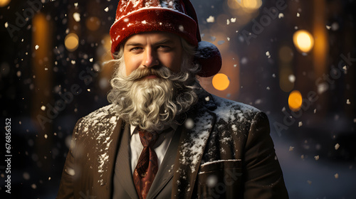 Portrait of a handsome man with long white beard and moustache wearing santa claus hat and coat on the background of night city. What Santa would look like if he was a businessman.