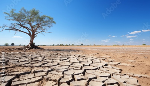 Metaphorical representation of drought and climate change dead trees on cracked earth