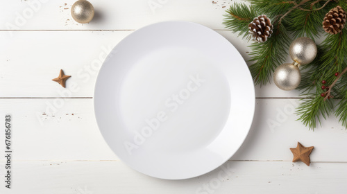 A simple and elegant Christmas table setting features a white plate, gold forks, pine branches, a shimmering bauble, pinecone, and vibrant red berries.