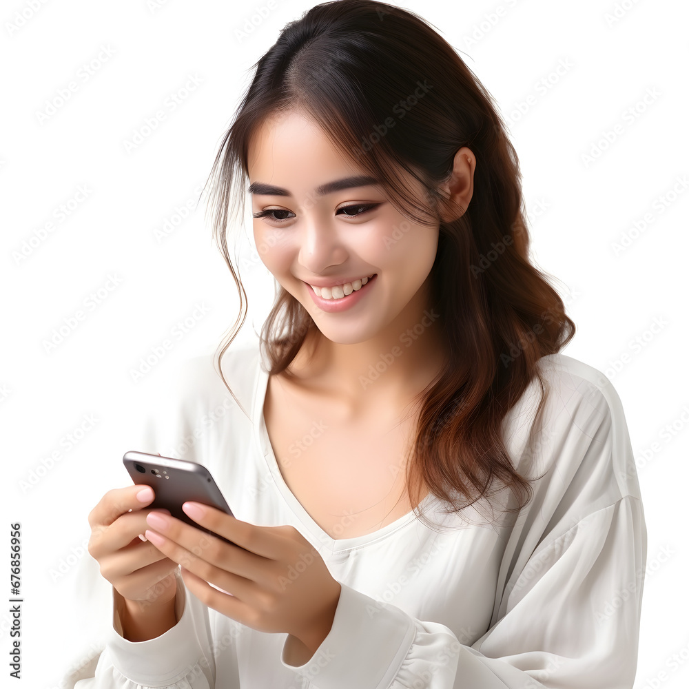 Smiling Asian woman using a smartphone isolated on white background Smiling Asian woman using a smartphone isolated on white background