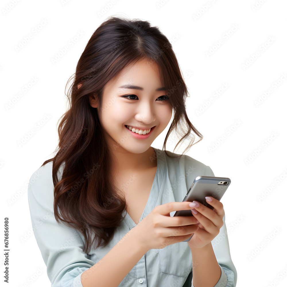 Smiling Asian woman using a smartphone isolated on white background Smiling Asian woman using a smartphone isolated on white background