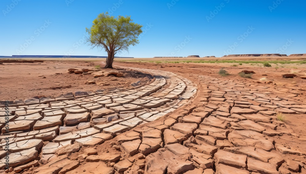 Fototapeta premium Droughts impact dead trees on cracked earth, symbolizing climate changes alarming effects.