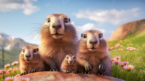 A family with baby fluffy marmots crawled out of their hole in the mountains, on a sunny, spring day, among pink beautiful flowers.