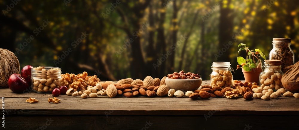 In a serene natural setting with a woody background a wooden table is adorned with a spread of healthy organic snacks prominently featuring dry almonds as a key ingredient