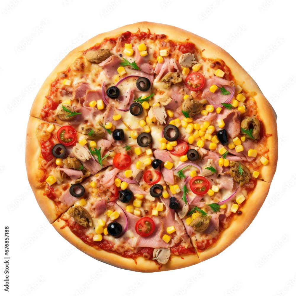 Family pizza with ham, olives, tomatoes and corn. Aerial view, transparent background. 