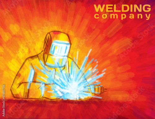 Welding process vector illustration. Industrial construction with a worker manufacturing metal, hand drawn illustration with bright red and blue colors