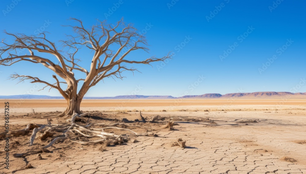 Metaphorical representation of drought and climate change lifeless trees on parched, cracked earth