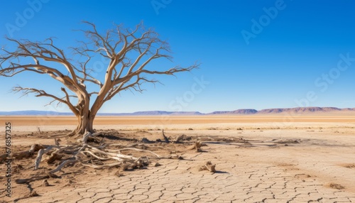 Metaphorical representation of drought and climate change lifeless trees on parched, cracked earth