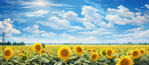 Fototapeta Naklejka Na Ścianę i Meble -  In the beautiful summer landscape surrounded by a sea of agriculture the colorful flowers bloom under the endless blue sky with sunflowers standing tall creating a gorgeous and vibrant botan
