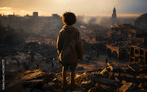 a child lonely in the destroyed city after the war