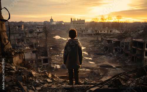 a child lonely in the destroyed city after the war
