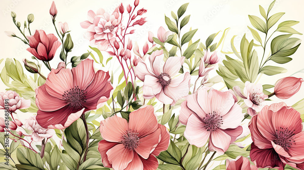 watercolor flowers backgrounds. illustrations in the style of handmade watercolors on a white background, generative artificial intelligence - obrazy, fototapety, plakaty 