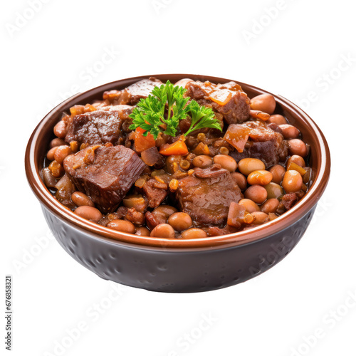 Dish of cholent with parsley leaves on transparent background. 