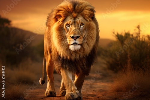 beautiful lion in nature on the background of orange steppe