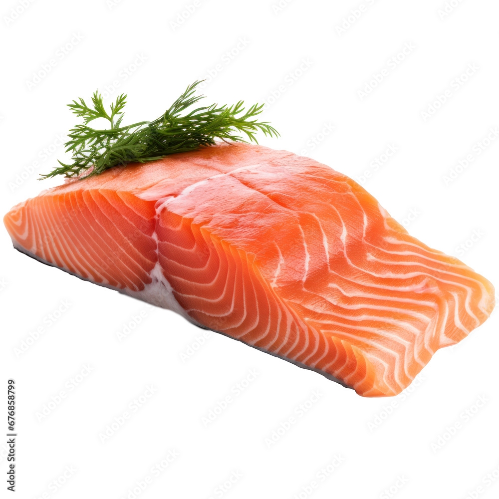A piece of salmon garnished with parsley isolated on white background. 