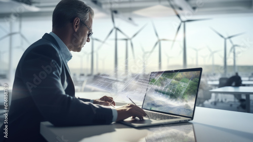 A focused businessman analyzes renewable energy designs on his laptop with holographic blueprints, in an office overlooking wind turbines. photo