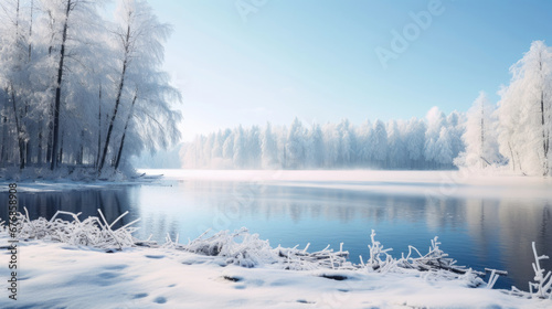 A serene winter landscape with a snow-covered forest reflecting on the surface of a tranquil, partly frozen lake under a clear blue sky.