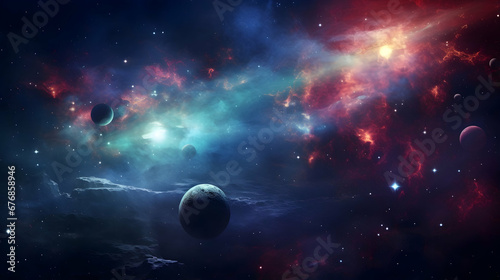 Planets and galaxy  science fiction wallpaper. Beauty of deep space AI