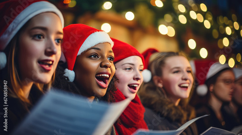 A group of joyful people singing Christmas songs , dressed in festive attire with Santa hats and red scarves, surrounded by the glow of warm lights.