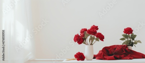 Fototapeta Naklejka Na Ścianę i Meble -  Vase with red peony flowers in living room decoration. AI generated image