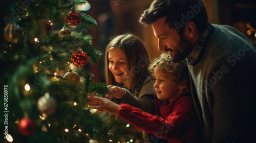 Happy family with their child decorating the tree for Christmas