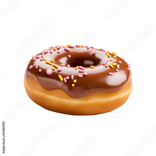 A chocolate-glazed donut topped with decorative sprinkles, isolated on white background. 