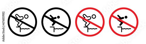 Don't jump forbidden vector icon set. Do not jump in pool sign in black filled and outlined style. photo